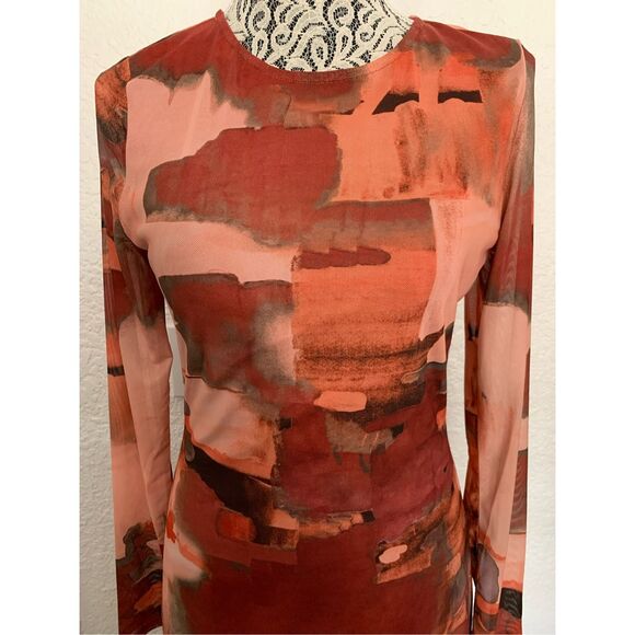 VICI Fall Baecation Printed Long Sleeve Mesh Midi Dress Red, Rust Size M - Picture 7 of 12